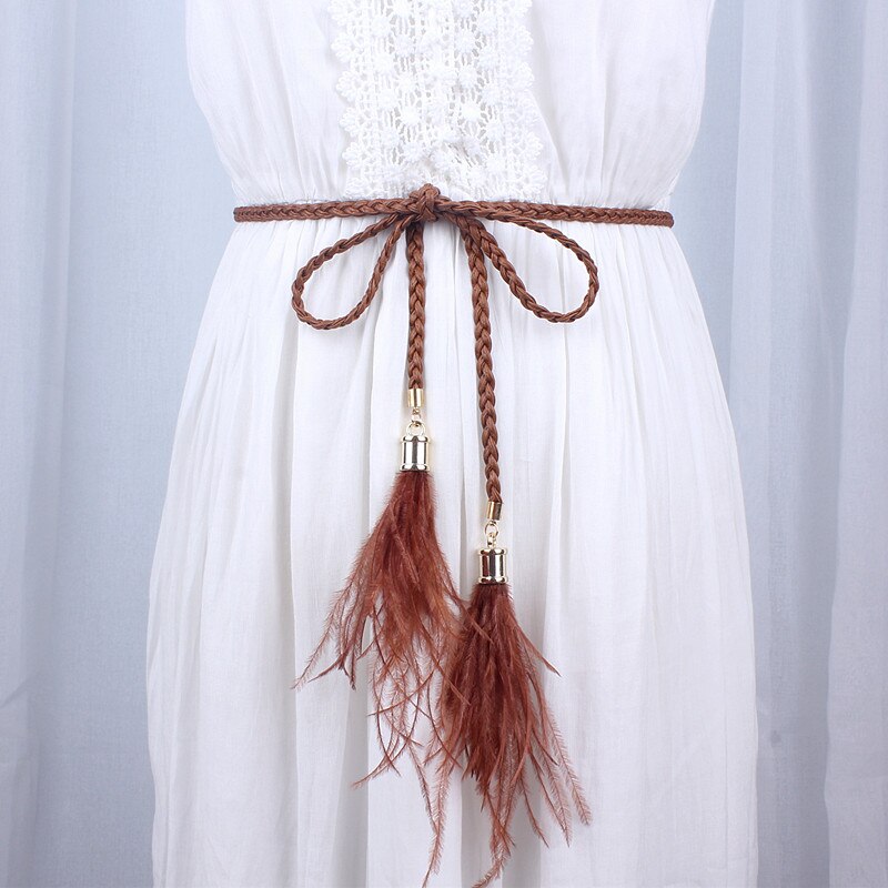 women knitted leather woven braid belt long tassel rope waist belts for dresses waistband knot decorated cotton string