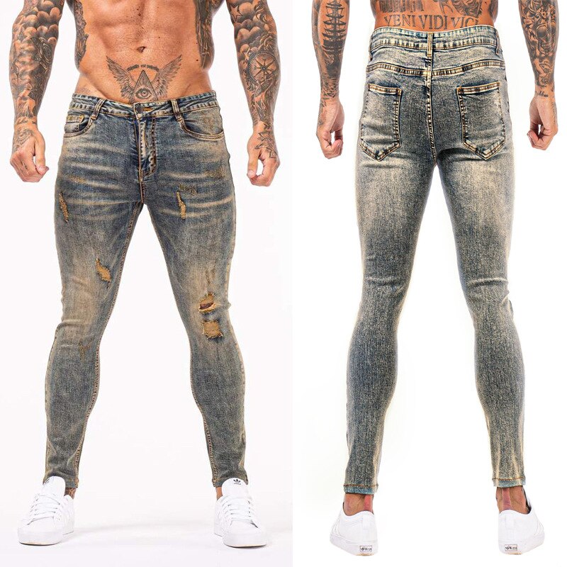 Retro Jeans Mannen Elastische Taille Skinny Jeans Mannen Stretch Ripped Broek Streetwear Heren Denim Jeans Blauw