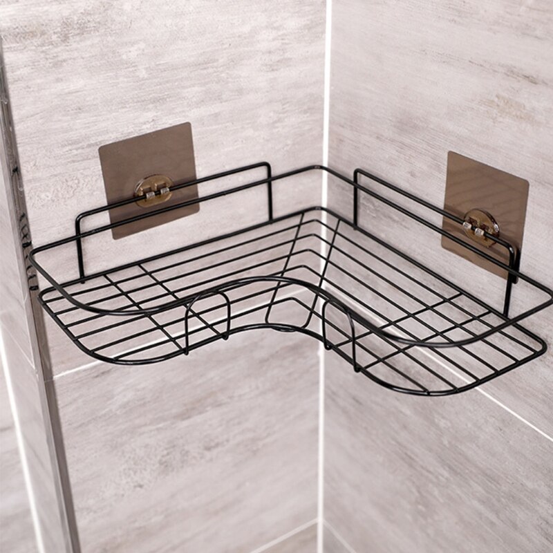 Self Adhesive Bathroom Shower Shelf Metal Wall Mounted Storage Organizer Rack Triangle Basket No Drilling