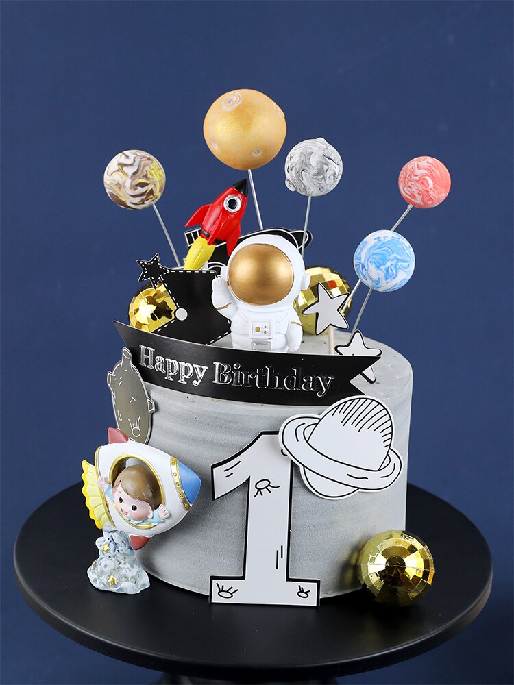 Universe Stars Rocket Astronaut Maan Gelukkige Verjaardag Brief Decoratie Cake Topper Dessert Voor Kinderen Dag Mooie