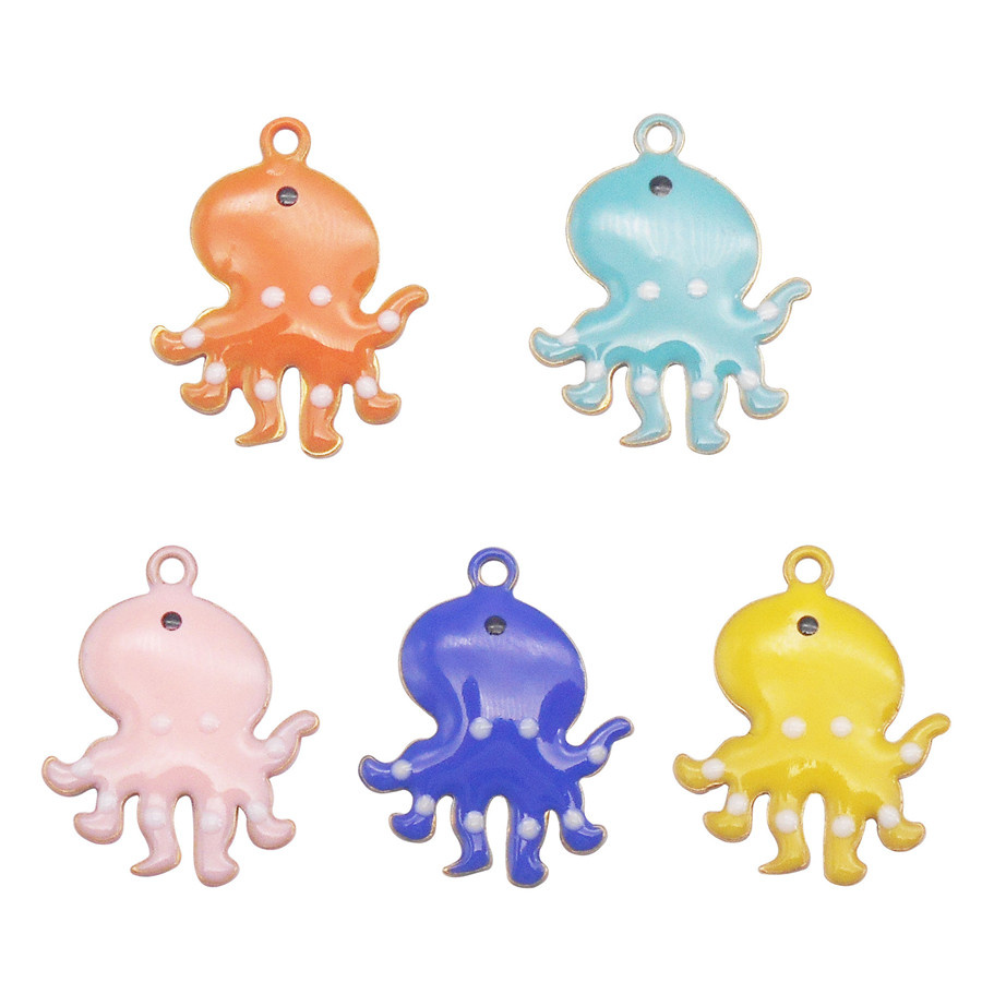 Julie Wang 5PCS 14x11mm Enamel Tiny Octopus Charms Double-sided Cartoon Copper Animal Pendant Bracelet Jewelry Making Accessory: Blue white zinc plated