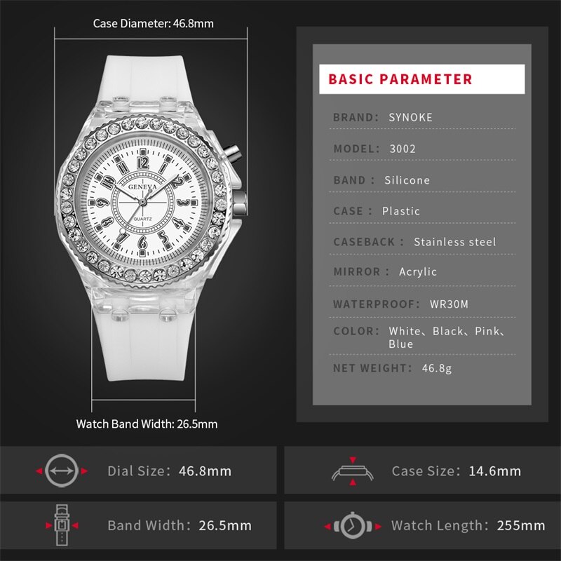 SYNOKE-relojes de cuarzo con luz Led para hombre y mujer, relojes de pulsera luminosos, con diamantes de imitación, para estudiantes y mujeres