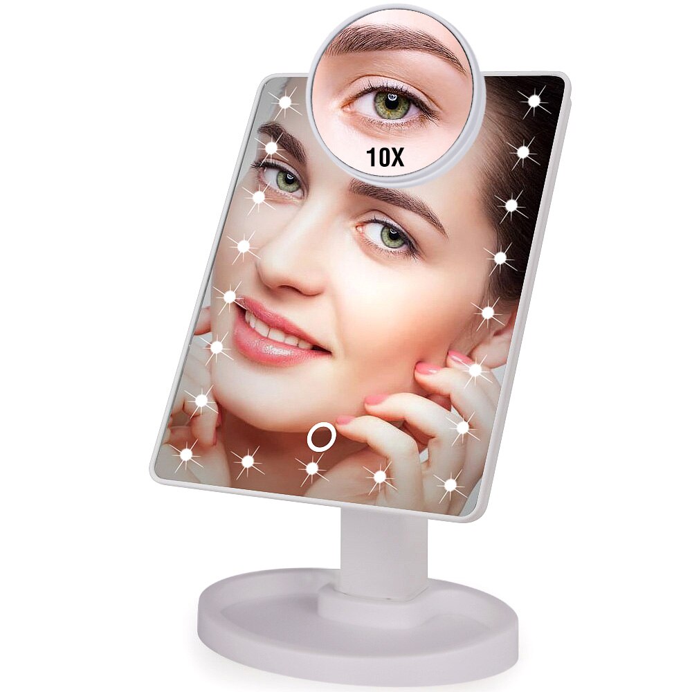 Illuminated Mirror Adjustable 10X Magnifier Makeup Mirror 16/22 LED Lights Touch Screen USB Or Batteries Use Tabletop Bright: 22 Led White