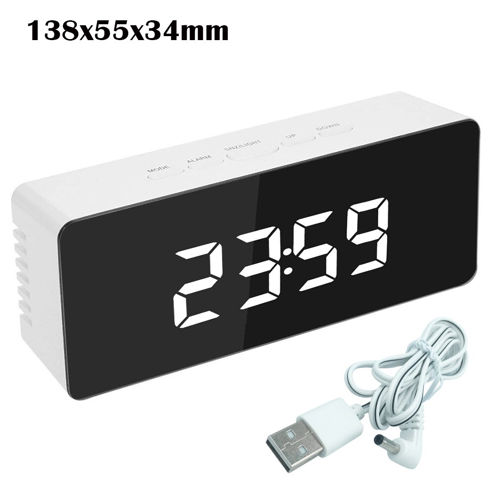 5Fuctions Button Digital Mirror LED Display Alarm Clock Desk Clock Temperature Calendar Snooze Function with USB 1pc 14x50x3.4cm: White