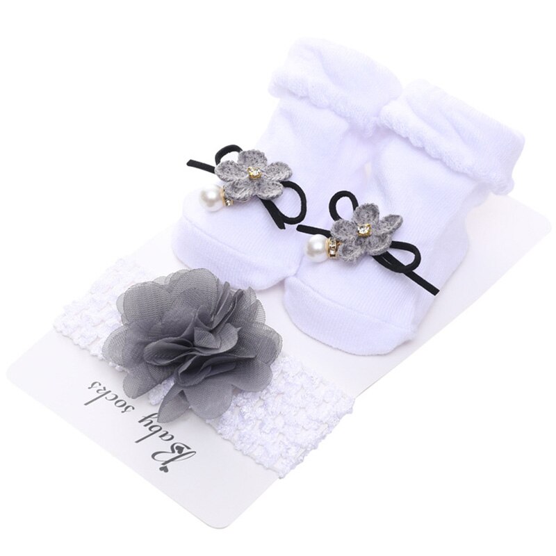 1Set Neugeborenen Baby Socken + Stirnband Set Spitze Große Blume Bögen Baby Mädchen Socken Stirnbänder Infant Kleinkind Boden Socken sokken: white gray