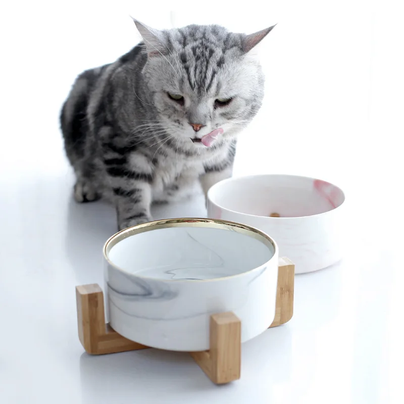 Tigela de cerâmica marmorizada para gatos, com suporte de madeira, tigelas duplas para alimentos, água, cachorros pequenos, suprimentos de alimentação elevados