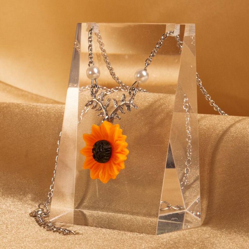 Muzhi Mode Eenvoudige Zonnebloem Hanger Ketting Voor Vrouwen Leaf Pearl Gold Choker Ketting Leuke Meisje Verjaardag Sieraden: silver