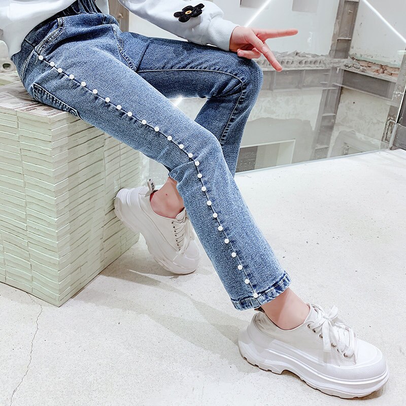 Pantalones vaqueros con lateral de perlas para niñas, pantalones acampanados para primavera y otoño, 4, 5, 6, 7, 8, 9, 10, 11, 12 y 13 años