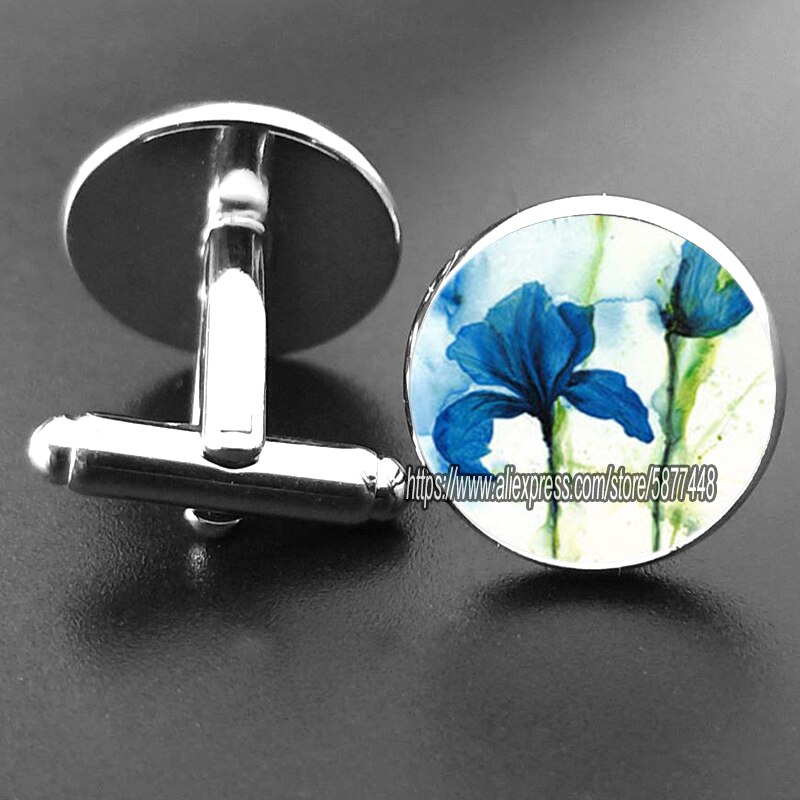 15mm blå iris glas cabochon kvinder manchetknapper lilla orkidé blomst jakkesæt skjorte manchetknapper mænd tilbehør: 18