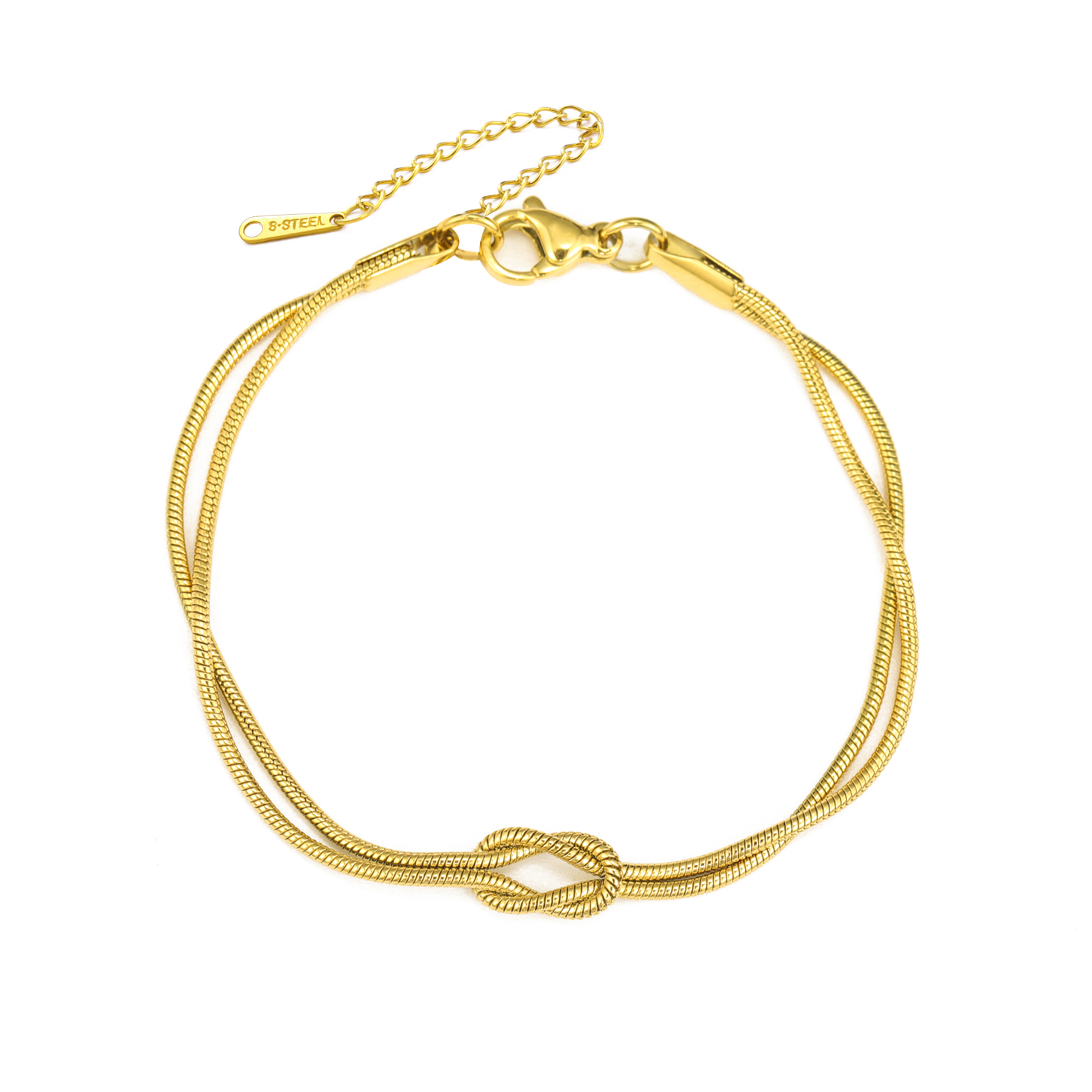 Pulseira Dupla Corrente de Cobra Nó de Amor Aço Inoxidável Cor de Ouro Pulseiras Ajustáveis Mulheres Homens Casal Jóias Minimalistas: Dourado