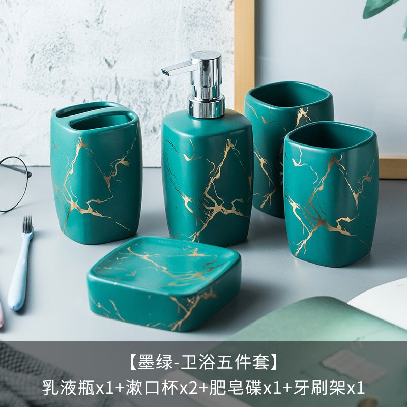 Marmer Keramiek Badkamer Set 5Pcs Zeepdispenser/Tandenborstel Houder/Tumbler/Zeepbakje Lade Badkamer Decoratie accessoires
