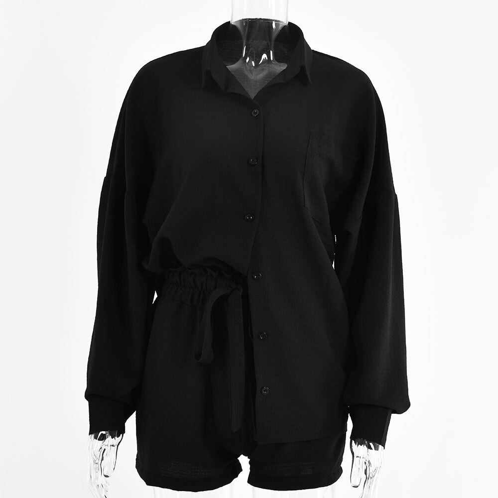 Zomer Herfst Lange Mouwen Top Shirt Vrouwen En Shorts Casual Vrouwen Set Zwart Twee Stukken Set Losse Outfit Vrouwelijke