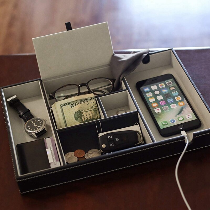 Valet Tray for Men, EDC Tray, Nightstand Organizer, Table Organizer, Charging Station, Catch All, Dresser Tray, Black Faux Leath