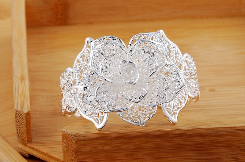 925 Sterling Zilver Fijne Grote Bloem Brede Bangle Armbanden Voor Vrouwen Verstelbare Sieraden Wedding Party