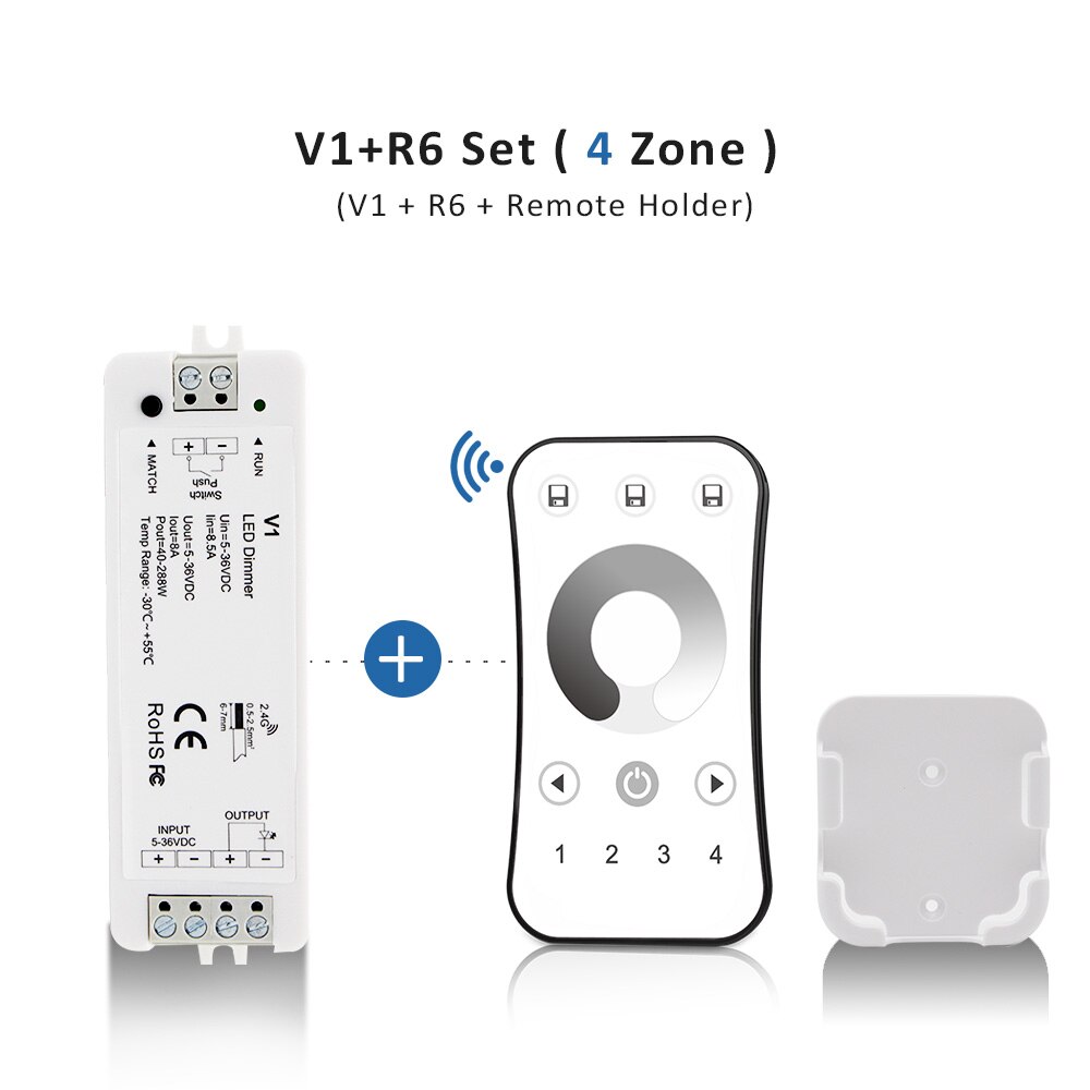 LED Dimmer Switch 12V 24V PWM 2.4G LED Touch RF Wireless Remote 5V 36V Smart Wifi Dimmer Controller for Single Color LED Strip: V1 and R6 Set(4zone)