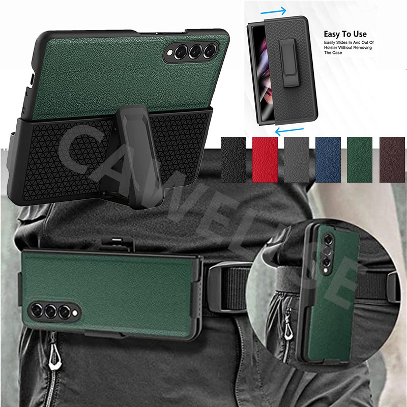 Leather Phone Case with Clip for Samsung Galaxy Z Fold 3 5G Snap-On Cover with Rotating Belt Holster Combo Kickstand Z Flod3