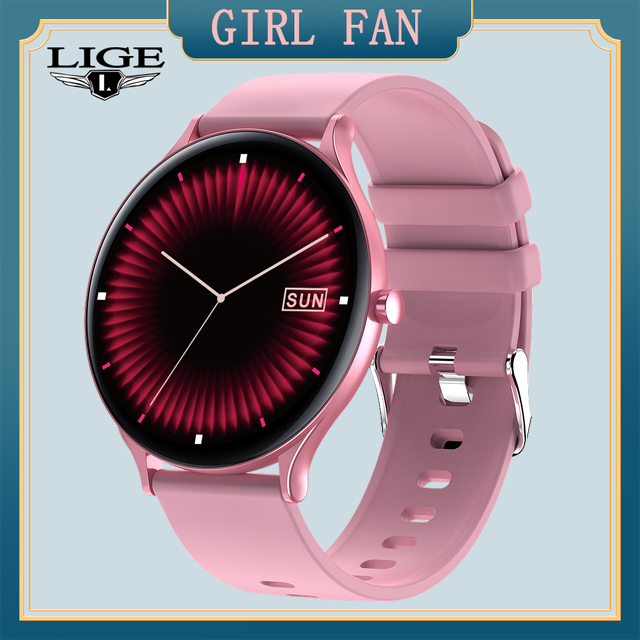 LIGE Full Circle Touch Screen Luxury Smart Watch Women Smart Wristband Fitness Bracelet Men Heart Rate Waterproof Smartwatch: Pink