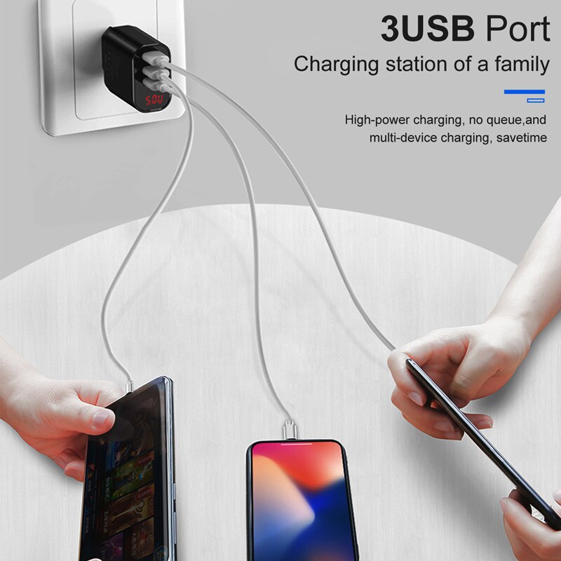 Baseus 3 Poorten Usb Charger Quick Opladen 3.4A Wall Charger Eu Plug Met Digitale Display Reizen Snelle Oplader Voor Samsung huawei