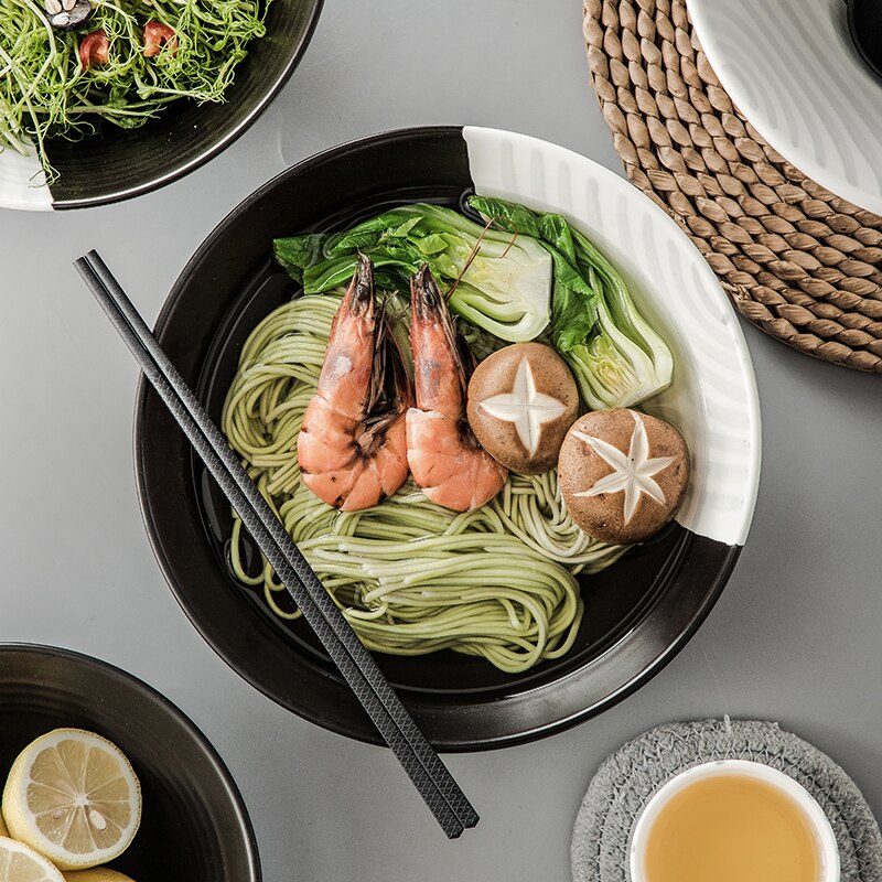 Ceramic Black and White Hat Bowl Large Fruit Salad Dessert Bowl Household Noodle Bowl Soup Bowl Kitchen Restaurant Western Plate