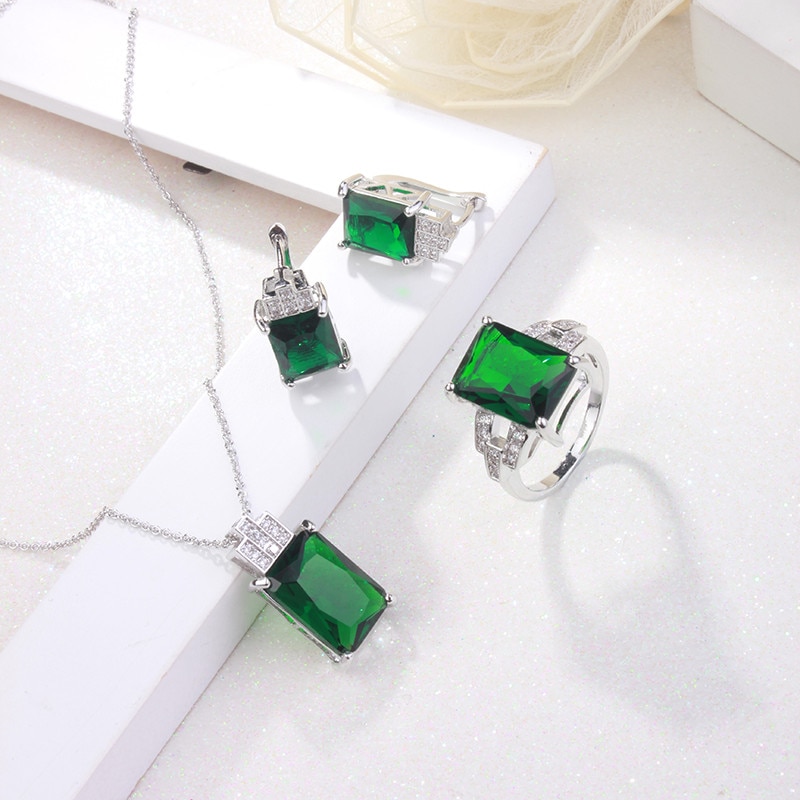 CC Jewelry Jewelry Set For Women 925 Sterling Silver Jewelry Green Stone CZ Wedding Sets Earring Necklace Ring CCAS119