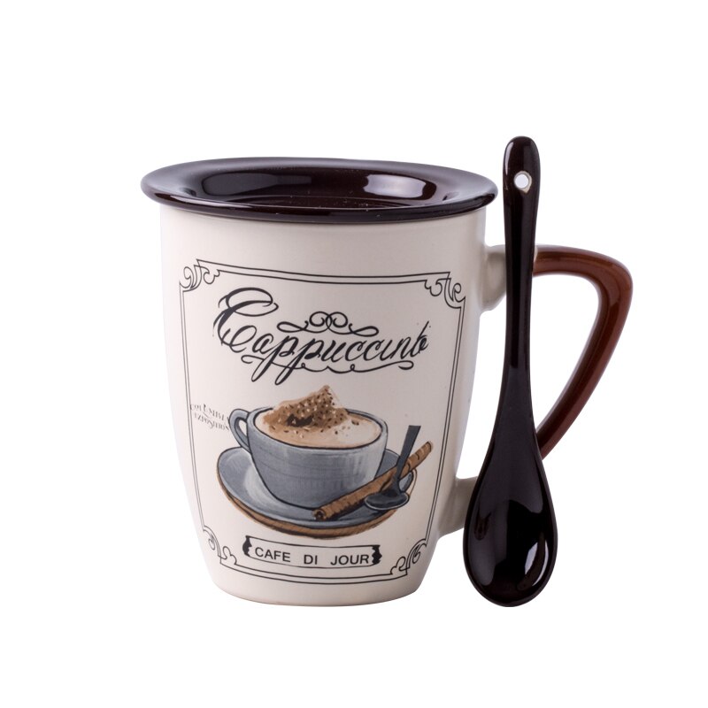 Pequeña taza de café de lujo de estilo europeo, creativa taza de agua de cerámica para hombres y mujeres, taza para el hogar, Taza de leche con tapa, cuchara