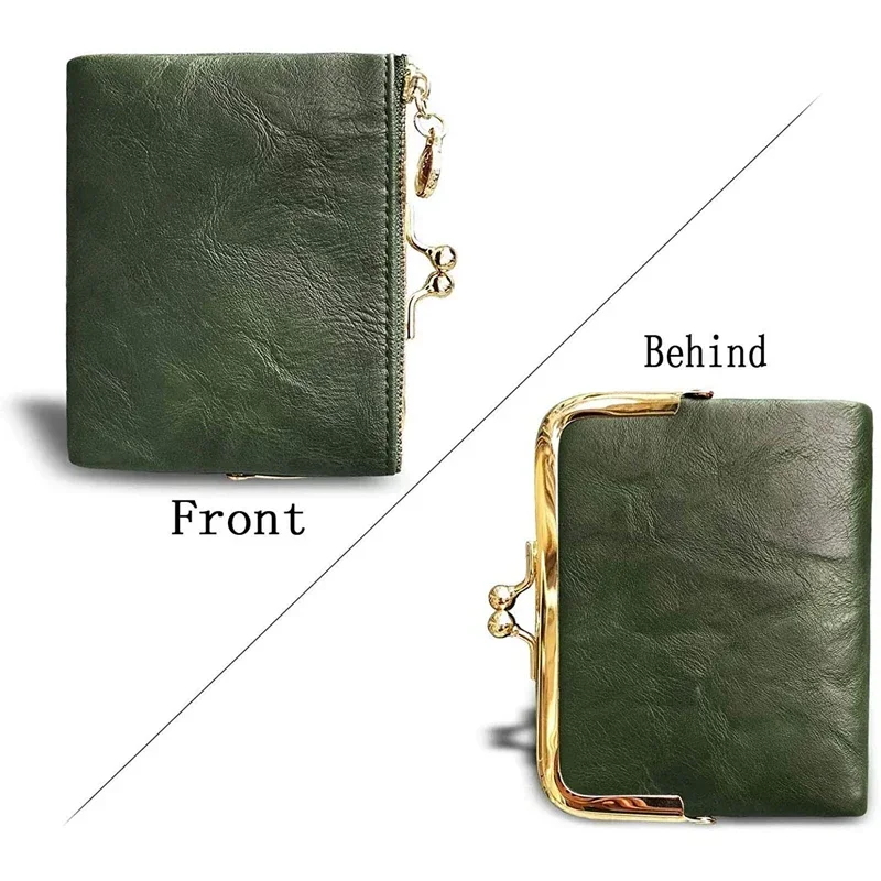 Women's Wallet Short Bifold Retro Multifunction Coin Purse with Zip and Kiss Lock Green PU Leather Female Short Purses