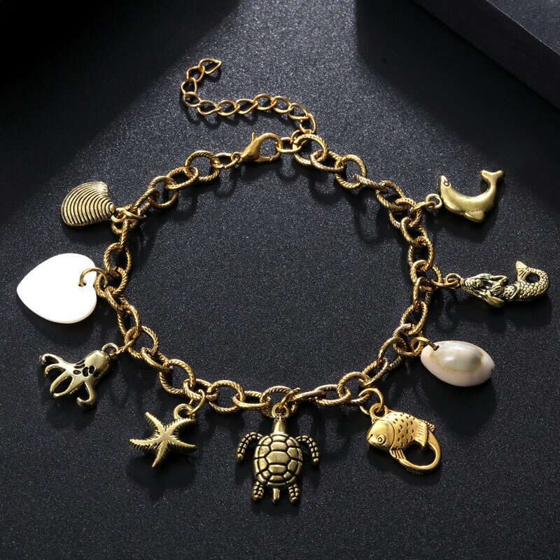 Starfish Sea Shell Charms Anklets Bracelets Alloy Metal Animal Turtle Pendant Heart Ankle Sandals Barefoot Jewelry Chain