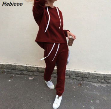 Rebicoo 2pcs Set Hoodies Loose Hooded Tops Sweatshirt+Solid Long Pants 2 Pieces Sets Women Clothing Suits Female Tracksuit: Burgundy / M