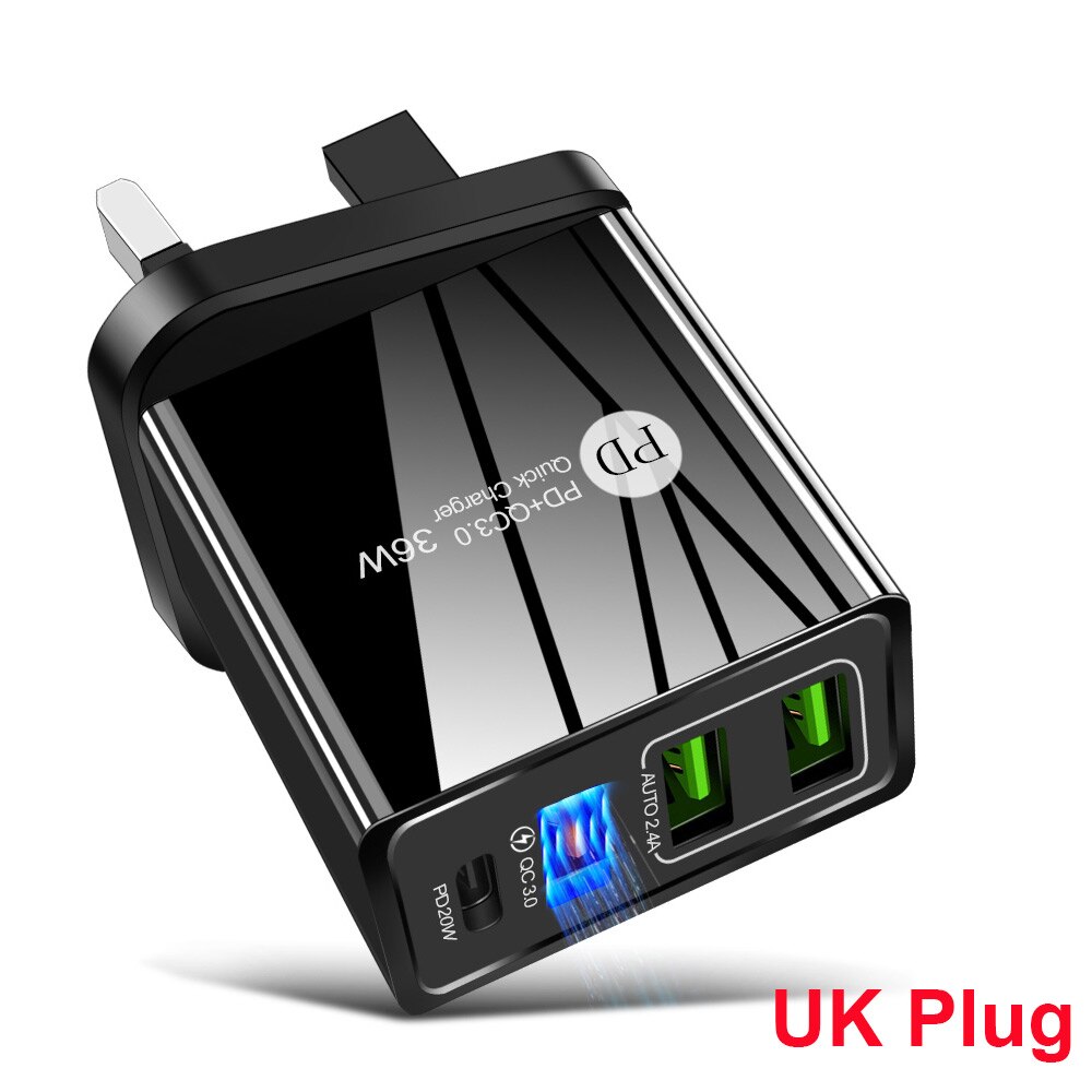 Floveme 36W Usb Charger Quick Charge 3.0 Type C Pd 20W Snelle Opladen Lader Voor Iphone 12 Samsung xiaomi Mobiele Telefoon Oplader: UK Plug Black