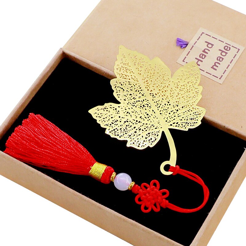 Retro Metal Brass Maple Leaf Chinese Knot Tassel Bookmark Student School Stationery for Children Papelaria: Red