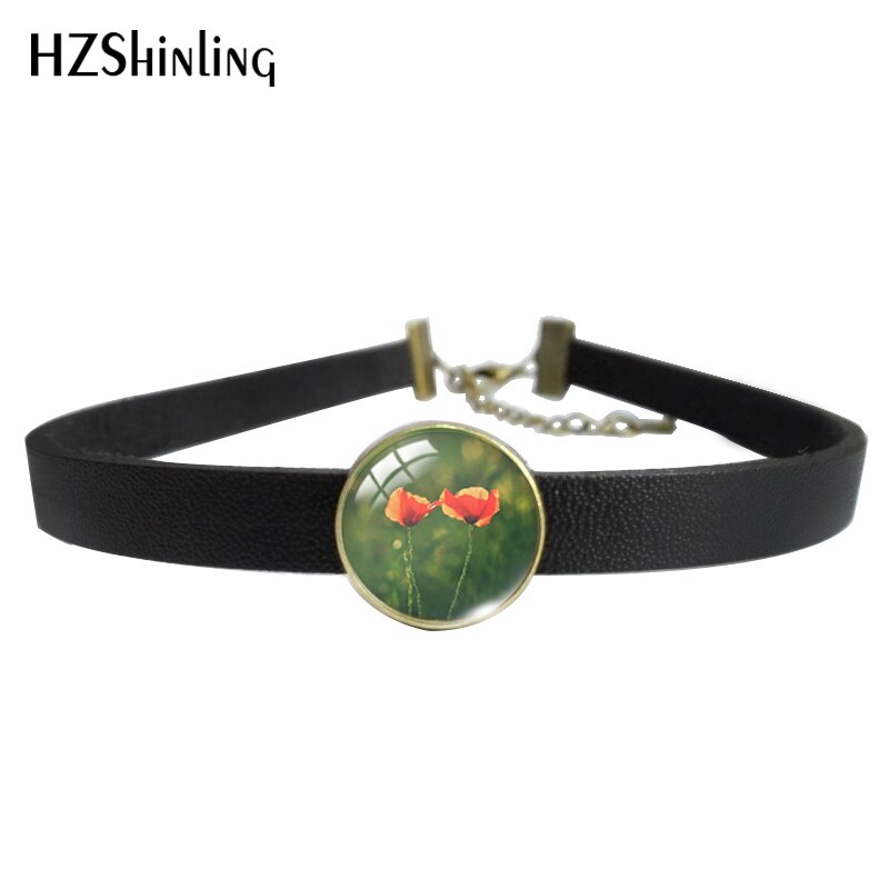 Flower Poppies Leather Choker Necklace Glass Cabochon Dome Pendants Necklace Jewelry: 2 / Black