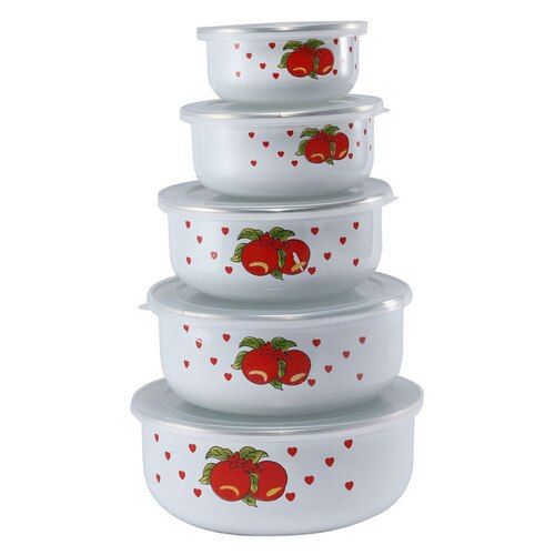 5 Pcs Emaille Ijs Kom Mixing Bowls Met Afdichting Deksel Emaille Kommen Pak Set Behoud Set Ice Box Mini Rijst kom 10-18 Cm Emaye: Roze