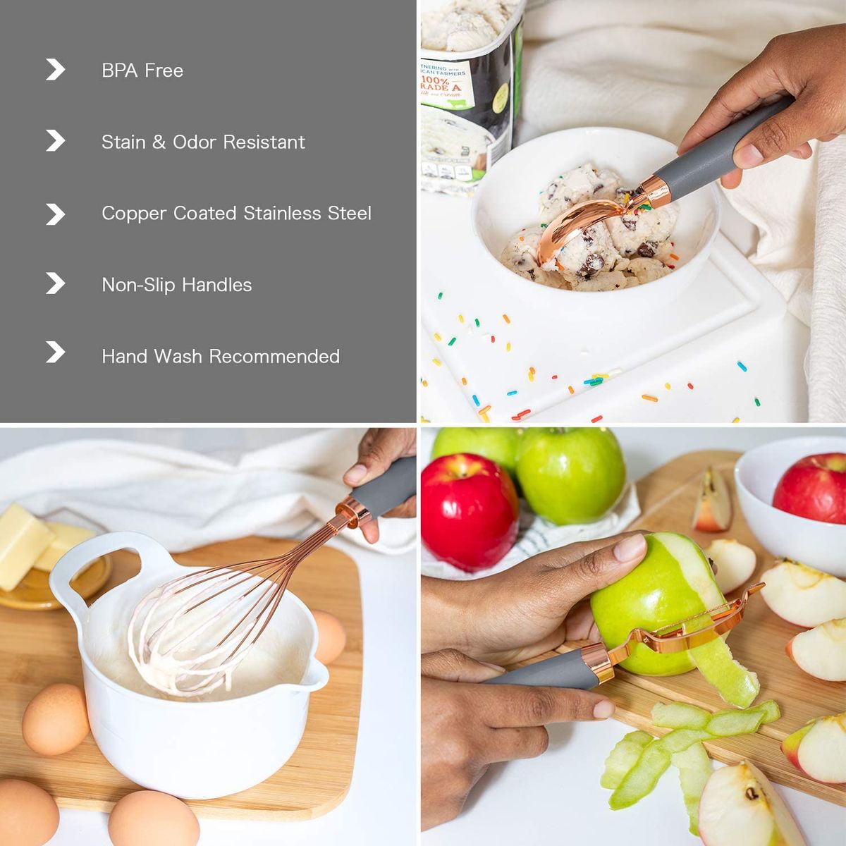 7pcs Kitchen Gadgets Set Copper Coated Stainless Steel Utensils Ice Scream Scoop Peeler Garlic Press Cheese Grater Whisk