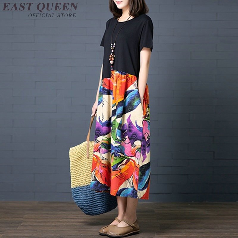 Løse afslappede kjoler til kvinder sommer patchwork bomuld linned retro kjole kinesisk stil lang kjortel vintage femme  ta1761