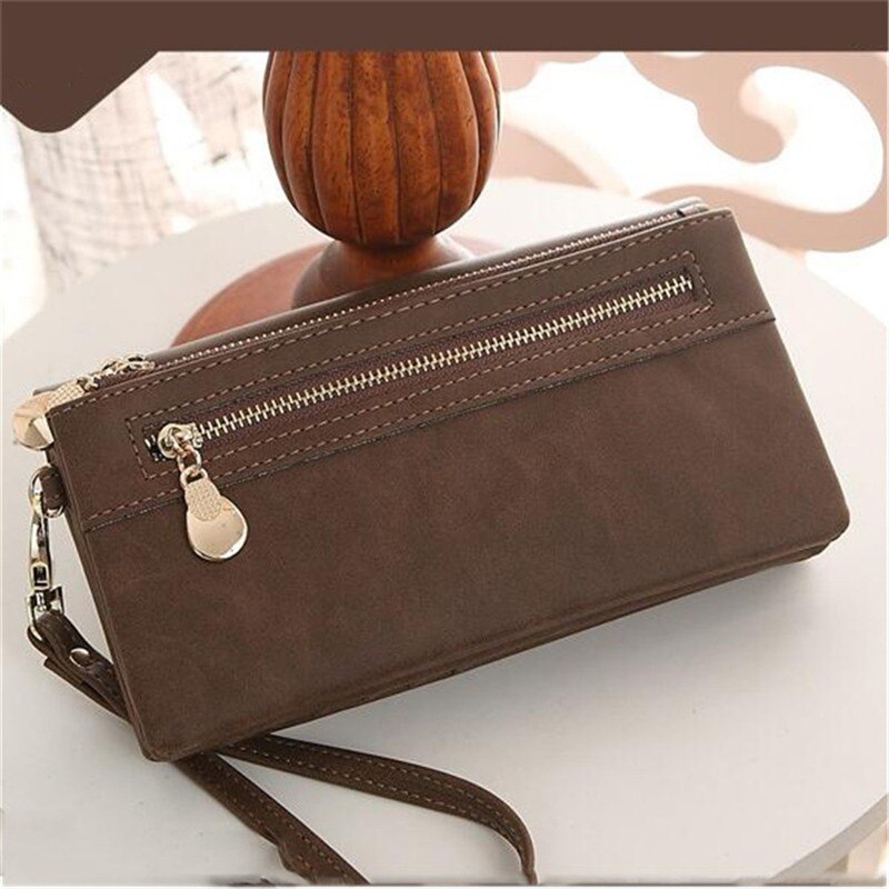 Women Wallets Dull Polish Leather Wallet Double Zipper Day Clutch Purse Wristlet Portefeuille Handbags Carteira Feminina: Coffee