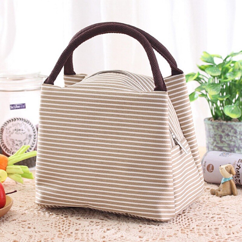 Neueste Lunch Bag Isolierte Kalten Leinwand Streifen Picknick Tragen Fall Thermische Tragbaren Mittagessen Box Frauen Kinder Männer Lunch Box Tasche tote: beige stripe