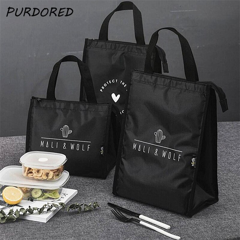 PURDORED 1 Pc Schwarz Kaktus aufbringen Mittagessen Tasche Thermische Picknick Lunchbox Tasche Isolierung Bento Beutel Reise Lebensmittel Obst Veranstalter