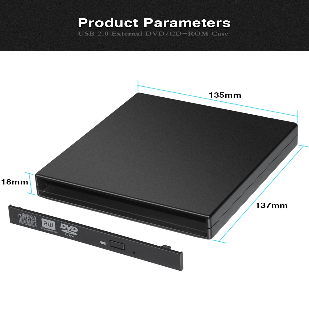 IXUR Hard Plastic USB 2.0 SATA 12.7mm External DVD Enclosure DVD/CDROM Case For CD/DVD Optical