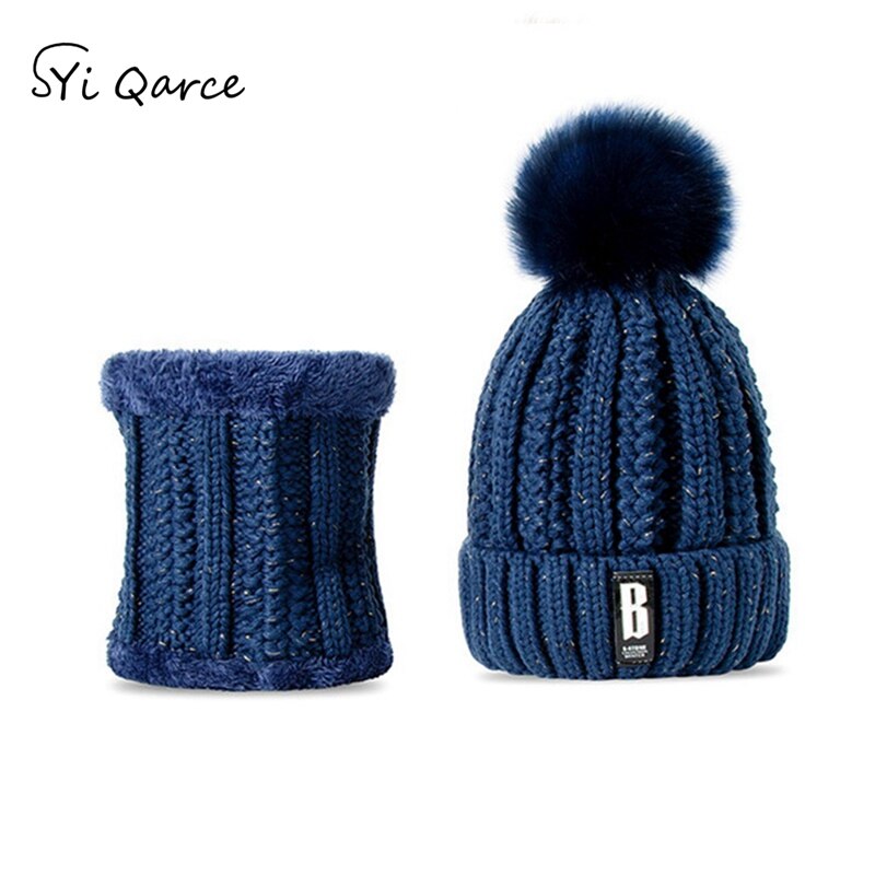 SYi Qarce Letter B 2 Pcs Women Winter Warm Knitted Hat Scarf Set Fleece Prefect Christmas for Girl's Women's hat and scarf: Navy
