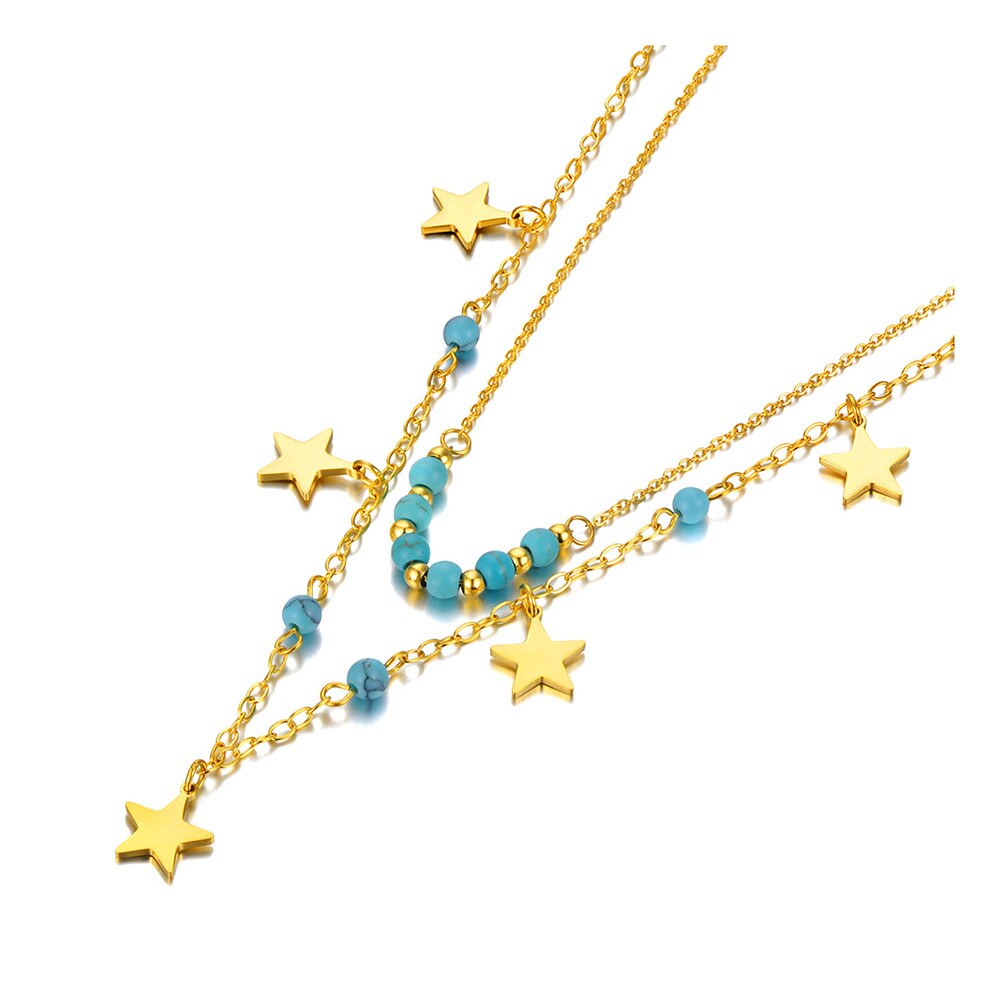 Lokaer 18K Gold Titanium Rvs Dubbele Laag Turquoise Choker Ketting Bohemen Star Party Ketting Voor Vrouwen N21251: Goud-kleur