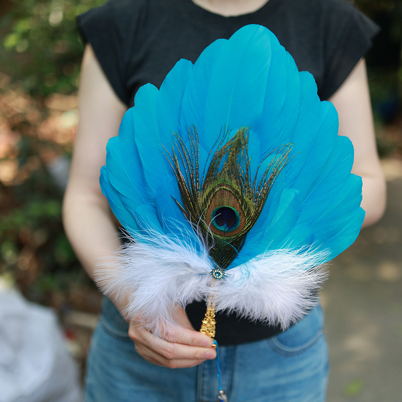 Beautiful Handmade Feather Fan Cheongsam Stage Performance Photography Props Wedding Dance Party Handheld Fan Decoration: ROYAL BLUE