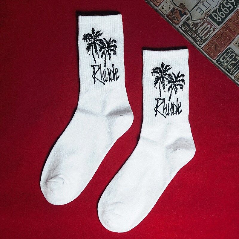 Men Socks Novelty Male Rhode Coconut Trees White Black Sports Stockings Letter Cotton Socks Ordinary Cool Sheer Socks: sock black tree