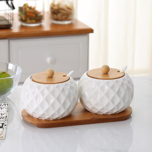 Korean Style Ceramic Condiment Jars Set with Bamboo Lids Tray Porcelain Spice Containers Salt Pepper Sugar Organizer: 2 piece set