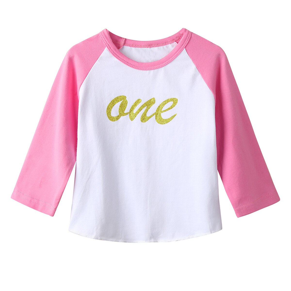 Infantil do bebê meninas t-shirts aniversário raglan mangas glitter carta um impresso algodão macio camisa topos bebê crianças roupas casuais: Pink / 12-18M