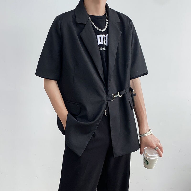 Blazer de manga corta para hombre, Chaqueta de traje informal de en blanco y negro, estilo coreano, holgada, M-XL de la sociedad: Black / L