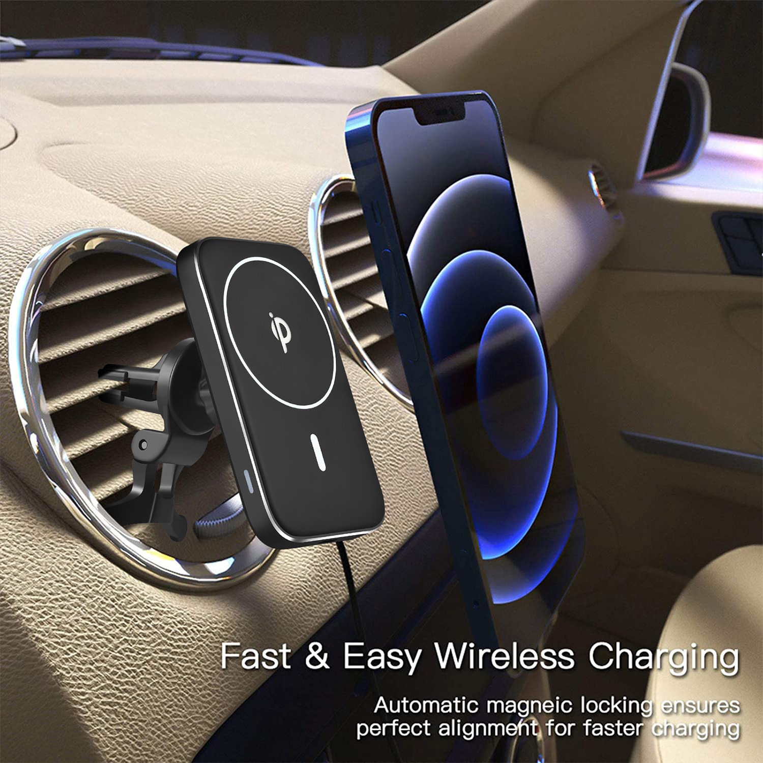 15W Magnetic Car Wireless Charger - Fast Charging Phone Holder for iPhone 12 Series - Air Vent Mount