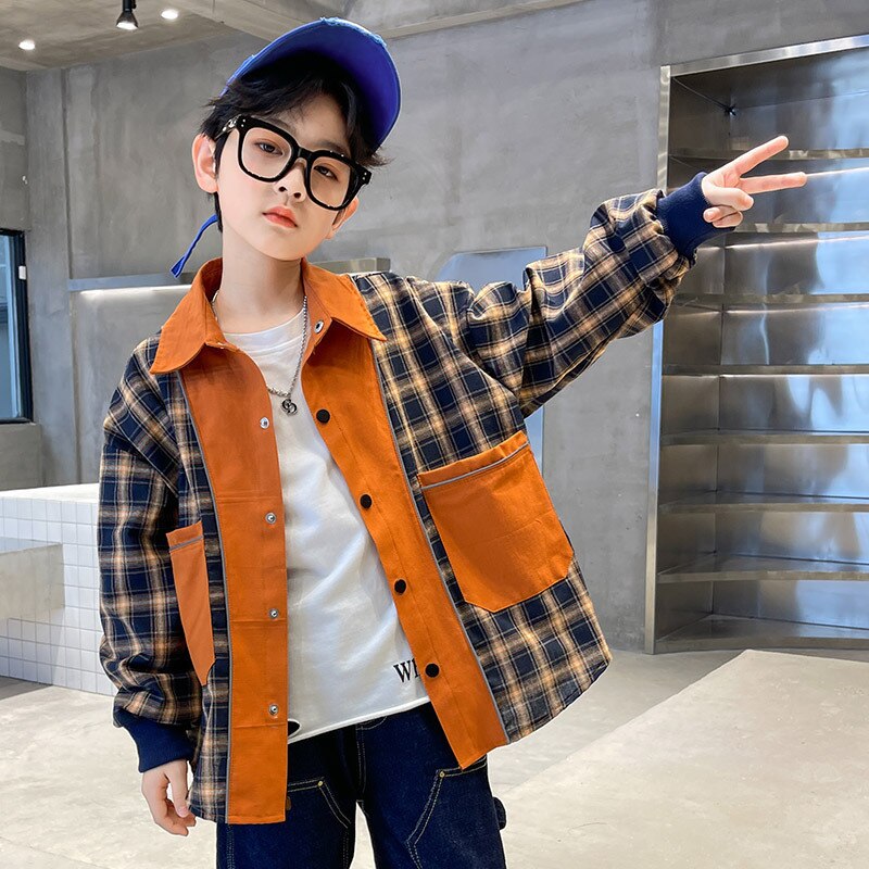 Camisa de manga larga para niños, ropa informal naranja para adolescentes, camisas a cuadros para escuela, Primavera, nueva , blusa para niños, prendas de vestir exteriores