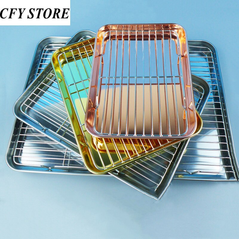 Stainless Steel Rectangle Plate with Net Rack Restaurant Fish BBQ Fried Chicken Cooling Serving Plate Skewers Seafood Tableware