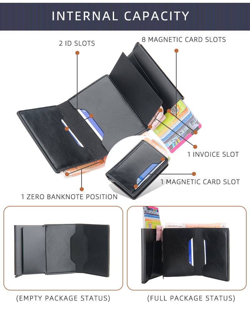 Mænd slim pung pu læder id-kortholder rfid anti-tyveri smart pung aluminiumslegering kreditkortholder mini pung til kvinder