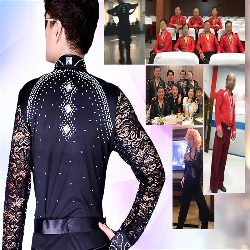 Ballroom Latin Dance Shirts Male Black Long Sleeve Lace V Collar Shirt Men Samba Cha Cha Dancing Tops Performance Wear